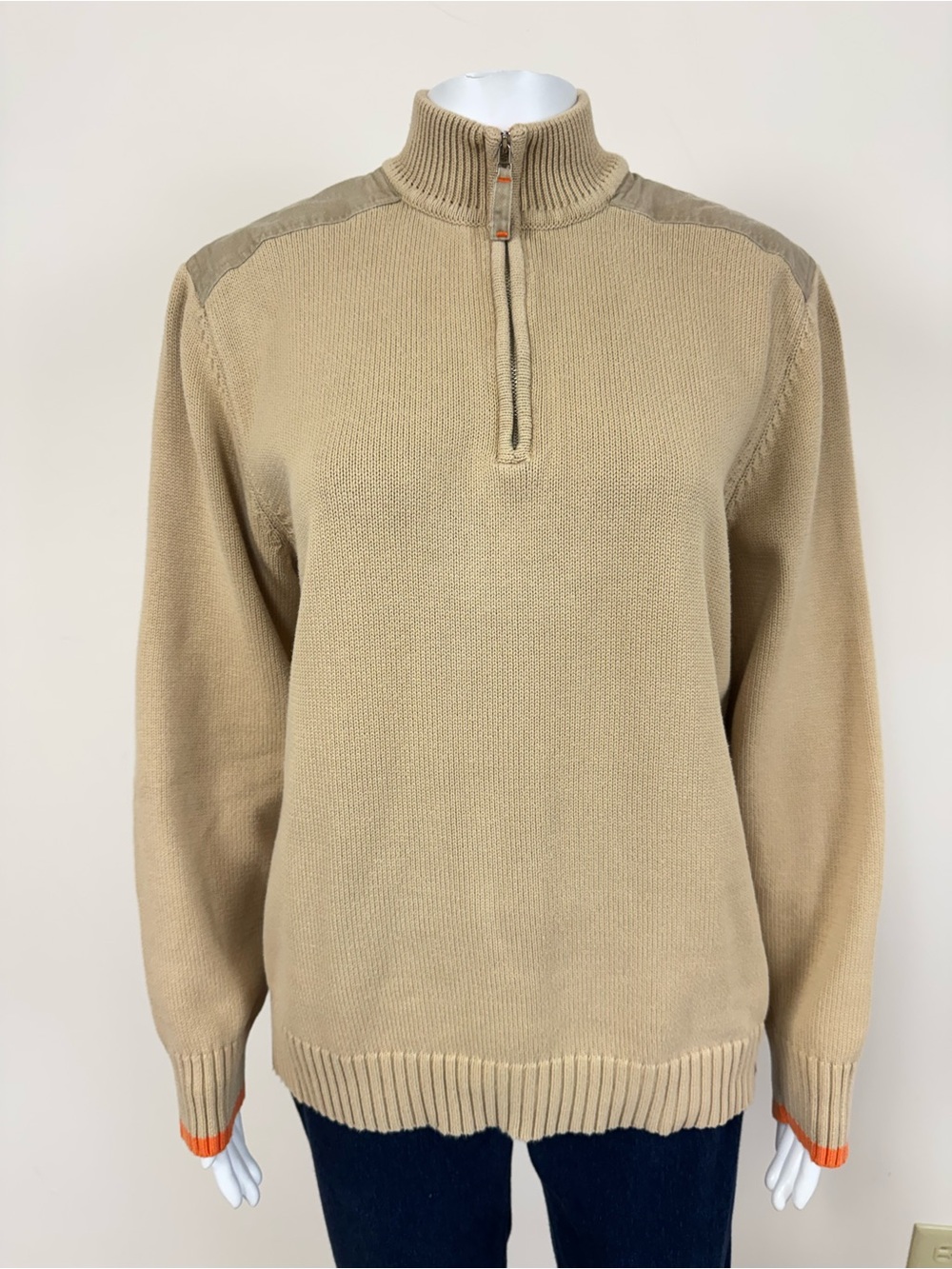 Shanghai Tang Cotton Quarter Zip Sweater Beige Orange Dragon Patch Embroidery - Picture 7 of 10